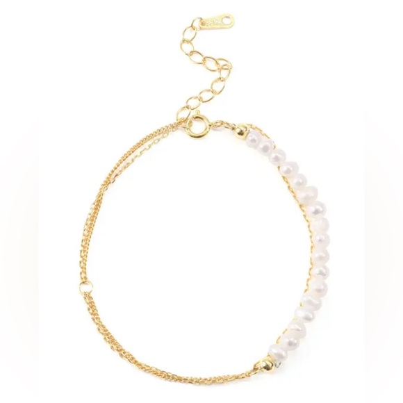 18k Gold Plated 925 Sterling Silver Double Chain Freshwater Pearl Bracelet - Picture 1 of 4